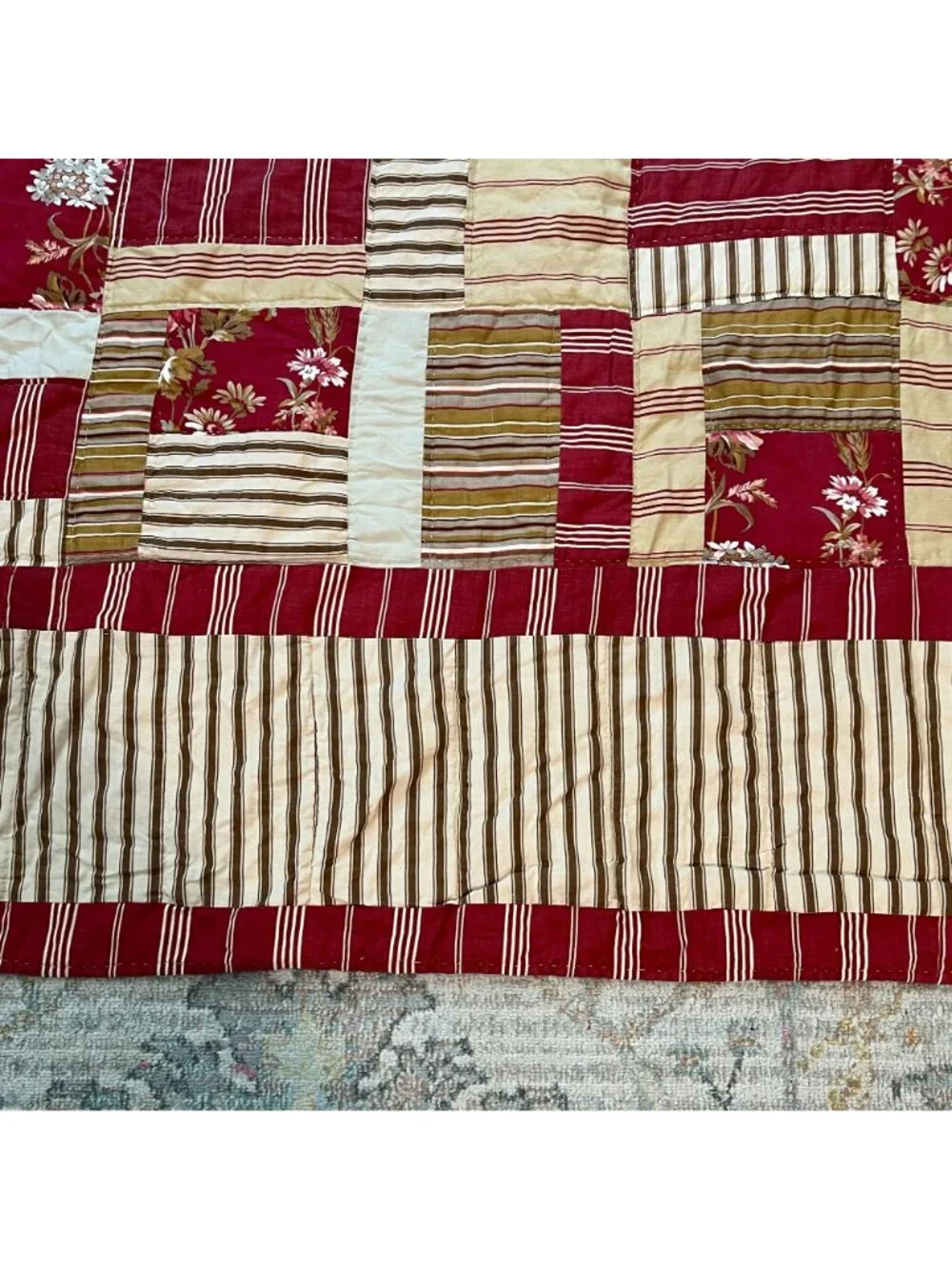 Two Handmade Quilted Patchwork Blankets Stripes Floral RED CRM French Cottage
